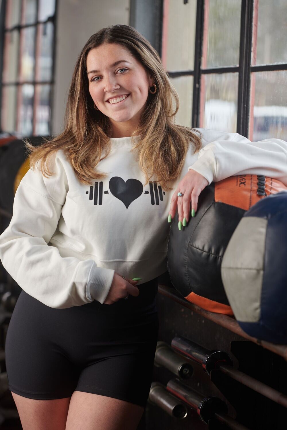 Heart with Barbell Logo Crop Sweatshirt (White with black logo)