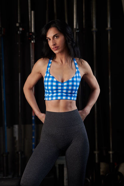 Pin Up Girl Sports Bra (Blue Gingham)