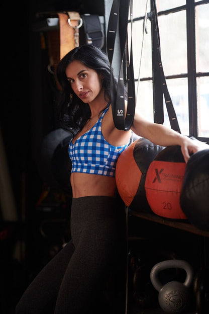 Pin Up Girl Sports Bra (Blue Gingham)